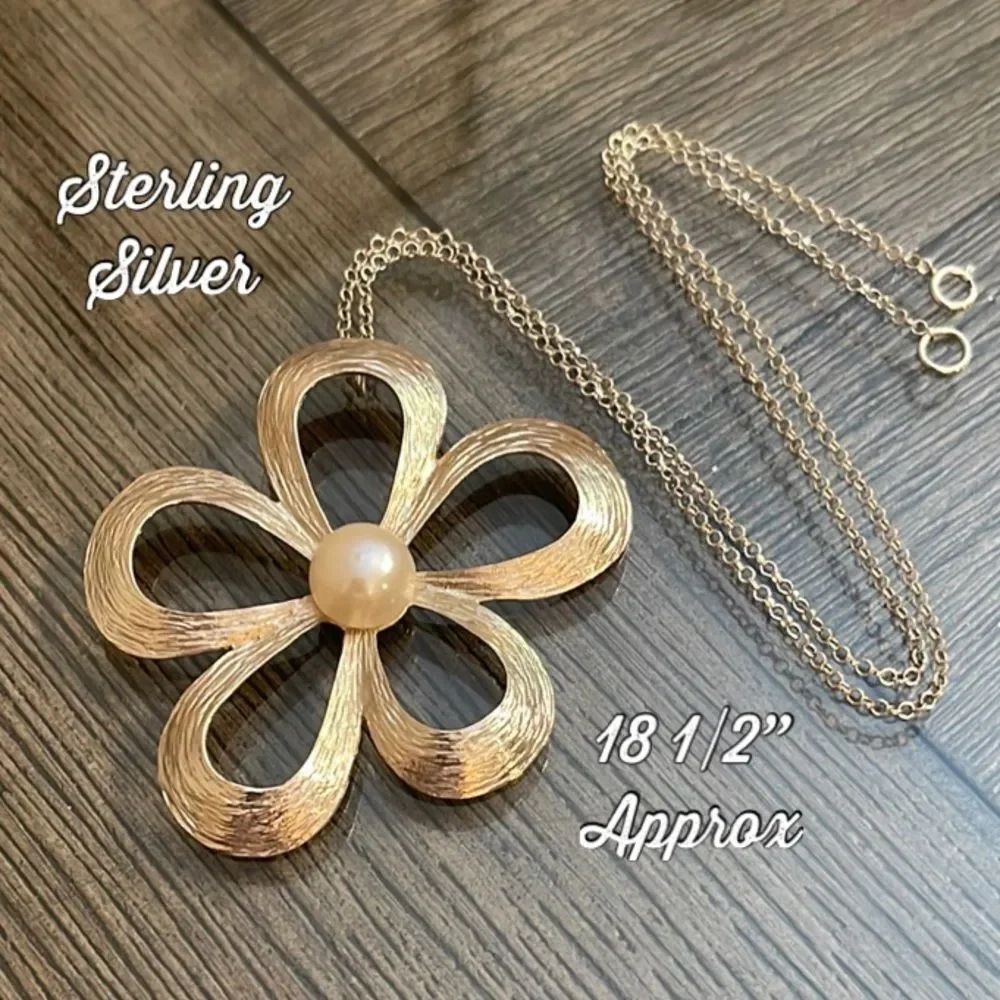 Large Sterling Silver Flower - Daisy Pendant with Real Pearl Center on Chain